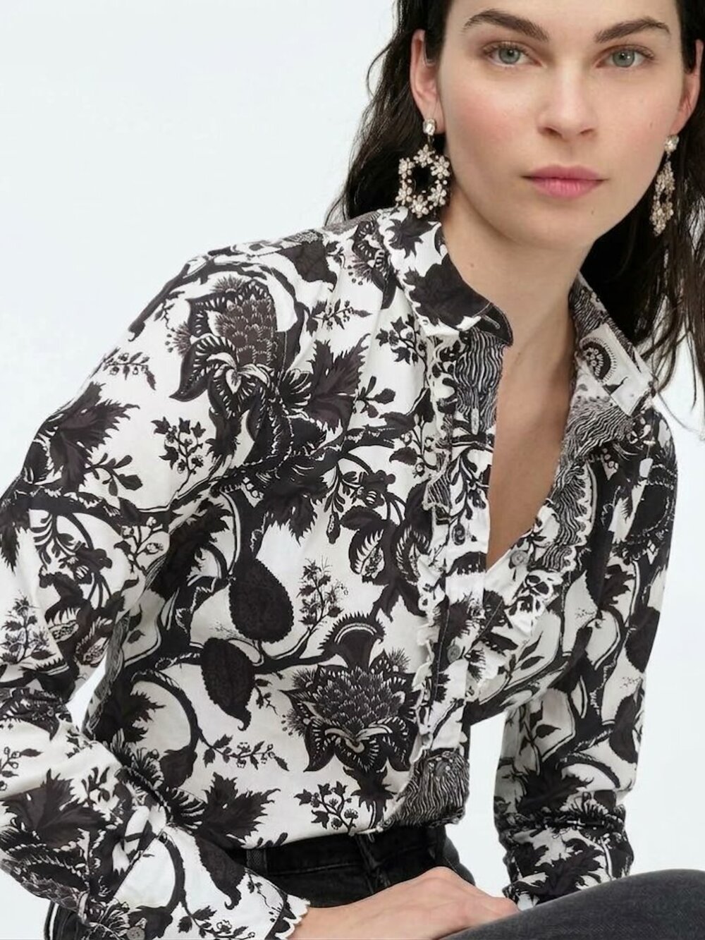 J. Crew Slim Fit Ruffle Front Floral Button-Down Blouse Black White Size 12